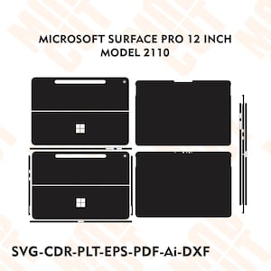 Könnte beinhalten: Eine schwarze digitale Vorlage eines Microsoft Surface Pro 12 inch model 2110, die Vorder-, Rück- und Seitenansichten mit dem Microsoft-Logo zeigt. Der Text lautet MICROSOFT SURFACE PRO 12 INCH MODEL 2110 und SVG-CDR-PLT-EPS-PDF-Ai-DXF.