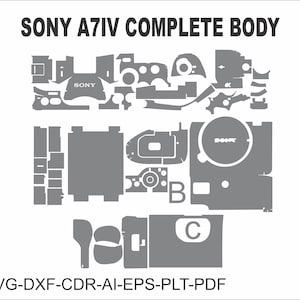 Könnte beinhalten: Ein Diagramm, das die verschiedenen Teile eines Kameragehäuse-Skin-Aufklebers für die Sony A7IV-Kamera zeigt. Der Aufkleber ist grau und enthält das Sony-Logo. Der Text "SVG-DXF-CDR-AI-EPS-PLT-PDF" befindet sich am unteren Rand des Bildes.
