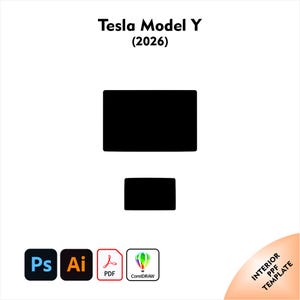 Könnte beinhalten: Weißer Hintergrund mit dem Text "Tesla Model Y (2026)". Zwei schwarze Rechtecke befinden sich unter dem Text. Unten befinden sich vier Software-Symbole: Ps, Ai, PDF und CorelDRAW. In der unteren rechten Ecke steht "INTERIOR PPF TEMPLATE".