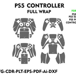Può includere: Un download digitale di un design di skin di avvolgimento completo per un controller PS5. Il design è mostrato in grigio e include tutti i pezzi necessari per coprire l'intero controller.
