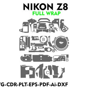 May include: A diagram showing the different pieces of a full wrap skin kit for the Nikon Z8 camera. The kit includes pieces for the top, bottom, front, back, and sides of the camera. The pieces are labeled with letters A, B, and C.