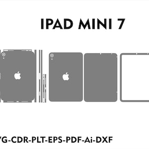 May include: A digital template for an iPad Mini 7 screen protector. The template includes outlines for the front, back, and camera cutout.