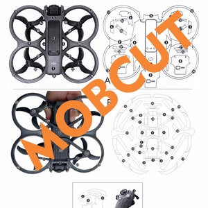 Op de afbeelding: Diagram van de skin installatie-indeling voor een DJI Avata 2 drone. De afbeelding bevat een bovenaanzicht van de drone, skin uitsparingen en een afstandsbedieningsdiagram. Tekst op de afbeelding luidt "DJI AVATA 2 SKIN INSTALL LAYOUT".