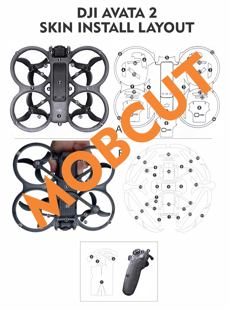 Op de afbeelding: Diagram van de skin installatie-indeling voor een DJI Avata 2 drone. De afbeelding bevat een bovenaanzicht van de drone, skin uitsparingen en een afstandsbedieningsdiagram. Tekst op de afbeelding luidt "DJI AVATA 2 SKIN INSTALL LAYOUT".