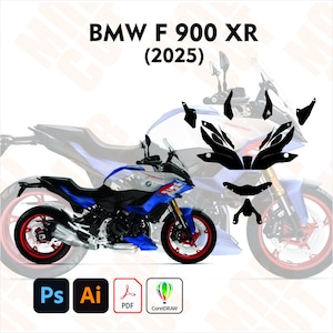 Può includere: Una moto BMW F 900 XR blu, bianca e nera con dettagli rossi sulle ruote. L'immagine include una sovrapposizione grafica di decalcomanie nere e icone di software di progettazione.