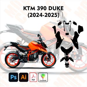 Op de afbeelding: Een oranje en zwarte KTM 390 Duke motorfiets met rode wielen. De afbeelding bevat de tekst "KTM 390 DUKE (2024-2025)" en pictogrammen voor Photoshop, Illustrator, PDF en CorelDRAW.