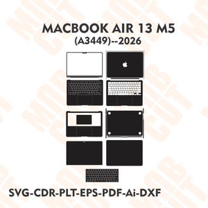 May include: A digital template set for a MacBook Air 13 M5 (A3449)--2026, featuring black vector outlines of the laptop in various open and closed positions, including keyboard and base views. Text includes MACBOOK AIR 13 M5 (A3449)--2026 and SVG-CDR-PLT-EPS-PDF-Ai-DXF.