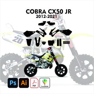 Könnte beinhalten: Ein gelb-schwarzes Cobra CX50 JR 2012-2021 Modell-Dirtbike mit schwarzen Akzenten. Das Bild enthält eine Reihe schwarzer Aufkleber und Symbole für Designsoftware. Das Motorrad hat die Nummer 20 auf der Seite.