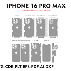 以下が含まれることがあります： iPhone 16 Pro Max の電話スキン テンプレートのさまざまな図。テンプレートには、フルラップ、フルラップ イージー インストール、エッジカバー付き、エッジカバーなし、背面エッジカバー、背面シンプルカバー、PPF ラップ、スクリーンカット、最大カバーが含まれます。