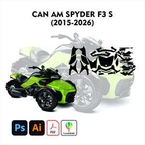 May include: A lime green Can-Am Spyder F3 S three-wheeled motorcycle with black detailing. The image includes the text "CAN AM SPYDER F3 S (2015-2026)" and icons for Adobe Photoshop, Adobe Illustrator, PDF, and CorelDRAW.
