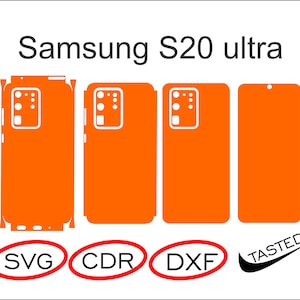May include: A digital file download for a Samsung S20 Ultra phone skin template. The template is shown in orange and includes the camera cutout. The file formats available are SVG, CDR, and DXF.