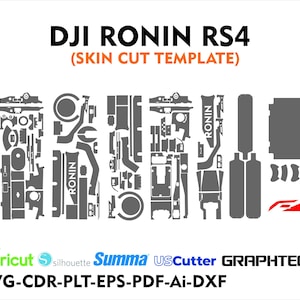 Op de afbeelding: Een skin-snijsjabloon voor de DJI Ronin RS4 gimbal. De sjabloon bevat een verscheidenheid aan vormen en maten voor verschillende delen van de gimbal, waaronder de handgreep, de basis en de cameramontage. De sjabloon is ontworpen voor gebruik met een Cricut, Silhouette, Summa, US Cutter of Graphtec snijmachine. De sjabloon is beschikbaar in SVG, CDR, PLT, EPS, PDF, Ai en DXF formaten.