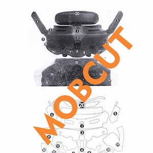 Op de afbeelding: Diagram van de skin installatie-indeling voor DJI Goggle 3. De afbeelding toont de bril met genummerde onderdelen en een skin-indeling met genummerde uitsparingen. De tekst luidt "DJI GOGGLE 3 SKIN INSTALL LAYOUT".