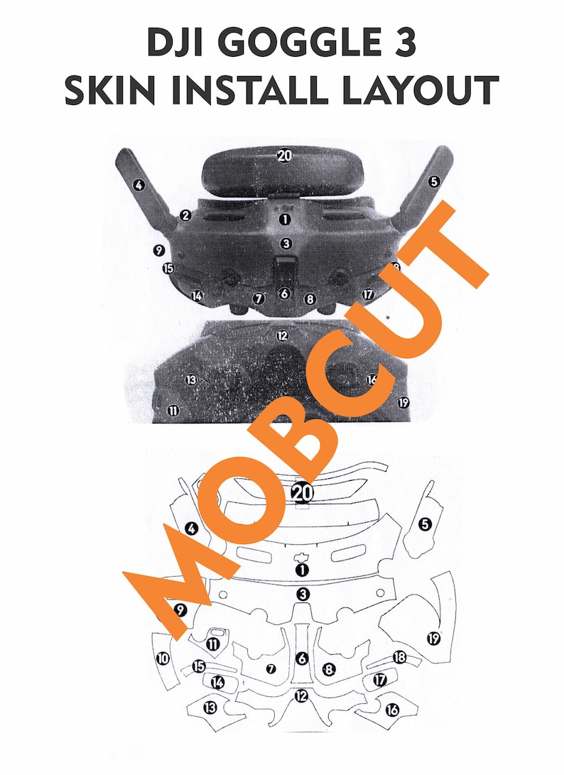 Op de afbeelding: Diagram van de skin installatie-indeling voor DJI Goggle 3. De afbeelding toont de bril met genummerde onderdelen en een skin-indeling met genummerde uitsparingen. De tekst luidt "DJI GOGGLE 3 SKIN INSTALL LAYOUT".