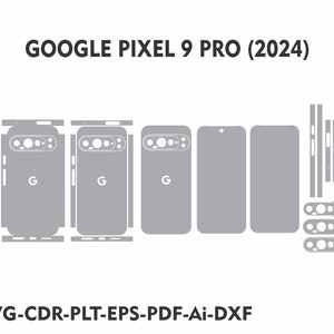 以下が含まれることがあります： カメラ、ボタン、スピーカー用の切り抜きが施されたグレーのGoogle Pixel 9 Pro（2024）電話スキンテンプレート。テンプレートは、電話の前面、背面、側面のセクションに分かれています。テンプレートには、「SVG-CDR-PLT-EPS-PDF-Ai-DXF」というテキストがラベル付けされています。