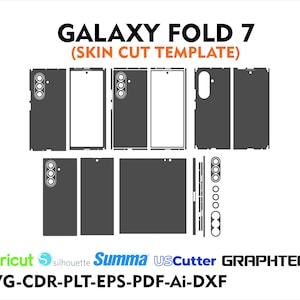 Könnte beinhalten: Eine digitale Vorlage für eine Galaxy Fold 7 Handy-Skin mit dunkelgrauen Ausschnitten. Das Bild zeigt den Text "GALAXY FOLD 7 (SKIN CUT TEMPLATE)" und Logos von Cricut, Silhouette, Summa, USCutter und GRAPHTEC. Dateiformate: SVG, CDR, PLT, EPS, PDF und Ai.