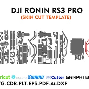 Op de afbeelding: Een zwart-wit diagram dat de snijlijnen laat zien voor een huidbedekking voor een DJI Ronin RS3 Pro camera stabilisator. De tekst "DJI RONIN RS3 PRO (SKIN CUT TEMPLATE)" staat bovenaan de afbeelding. De tekst "Cricut silhouette Summa USCutter GRAPHTEC SVG-CDR-PLT-EPS-PDF-Ai-DXF" staat onderaan de afbeelding.