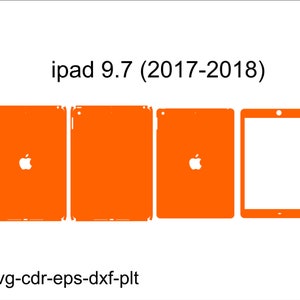 May include: Orange iPad 9.7 (2017-2018) screen protector template. The template includes three pieces: front, back, and camera cutout. The template is for use with a cutting machine.
