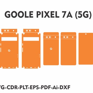 以下が含まれることがあります： Google Pixel 7A (5G) 用の電話スキン テンプレート。テンプレートには、電話の前面、背面、側面のパネルが含まれています。テンプレートはオレンジ色で、Google のロゴが含まれています。