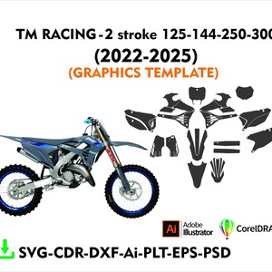 Puede incluir: Una motocicleta TM Racing de 2 tiempos azul y gris con ruedas negras y azules. La imagen incluye una plantilla de gráficos y el texto "TM RACING-2 stroke 125-144-250-300 (2022-2025) (GRAPHICS TEMPLATE)".