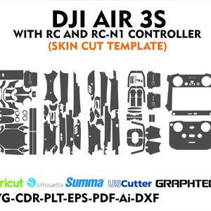 May include: A black and white digital cut template for a DJI Air 3S drone and its remote controller. The template includes all the pieces needed to cover the drone and controller with a skin. The template is compatible with Cricut, Silhouette, Summa, US Cutter, and Graphtec cutting machines. The template is available in SVG, CDR, PLT, EPS, PDF, Ai, and DXF formats.