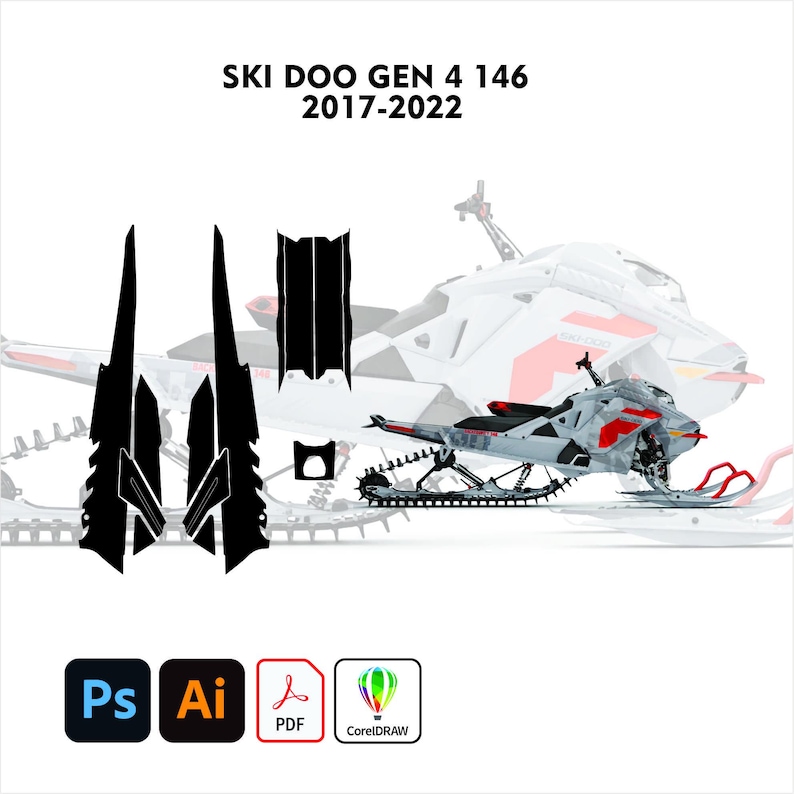 Op de afbeelding: Afbeelding van een sneeuwscooter met zwarte stickers en de tekst "SKI DOO GEN 4 146 2017-2022". De sneeuwscooter is grijs en rood. De afbeelding bevat ook pictogrammen voor Adobe Photoshop, Adobe Illustrator, PDF en CorelDRAW.