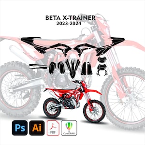 Può includere: Una moto Beta X-Trainer rossa e nera con un set di decalcomanie nere. Il testo "BETA X-TRAINER 2023-2024" è visualizzato in alto. L'immagine include anche icone per Photoshop, Illustrator, PDF e CorelDRAW.