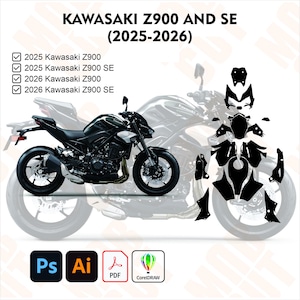 Op de afbeelding: Afbeelding met een zwarte Kawasaki Z900 motorfiets en een silhouet van de onderdelen. De tekst bovenaan luidt "KAWASAKI Z900 AND SE (2025-2026)". Vinkjes geven de modellen van 2025 en 2026 aan. Pictogrammen voor Photoshop, Illustrator, PDF en CorelDRAW onderaan.