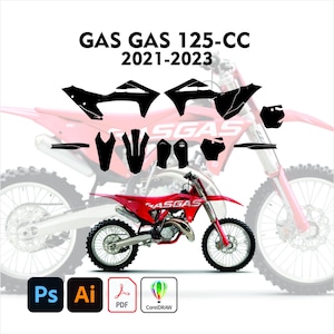 May include: A red and white Gas Gas 125-CC dirt bike with black decals. The image includes the text "GAS GAS 125-CC 2021-2023" and icons for Adobe Photoshop, Adobe Illustrator, PDF, and CorelDRAW.