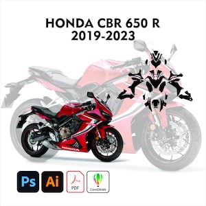 May include: A red Honda CBR 650 R motorcycle, model years 2019-2023, is shown in a studio shot. The image also includes a black graphic overlay of the motorcycle's parts. The image includes the Adobe Photoshop, Adobe Illustrator, PDF, and CorelDRAW icons.