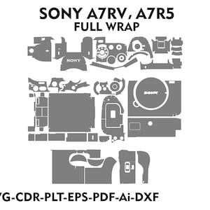 May include: A black and white diagram showing the individual pieces of a full wrap skin for the Sony A7RV and A7R5 cameras. The diagram includes the text "SONY" on the camera body.