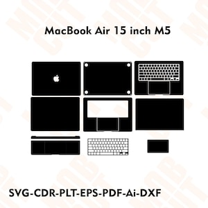 May include: Black and white graphic of a MacBook Air 15 inch M5, showing different views of the laptop, including the top, keyboard, and trackpad. The image also includes the text "SVG-CDR-PLT-EPS-PDF-Ai-DXF".