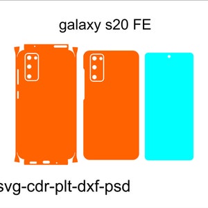 May include: A digital template for a Samsung Galaxy S20 FE phone case. The template includes a front and back design, as well as a camera cutout. The template is available in SVG, CDR, PLT, DXF, and PSD formats.