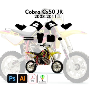 May include: A yellow and black Cobra Cx50 JR 2003-2011 dirt bike with black decals. The image includes the text "Cobra Cx50 JR 2003-2011" and icons for Adobe Photoshop, Adobe Illustrator, PDF, and CorelDRAW.
