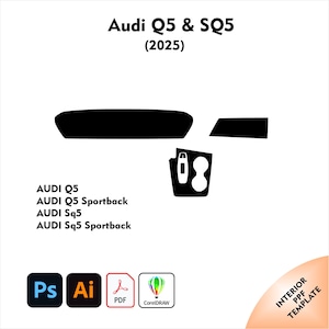 Könnte beinhalten: Schwarzes Silhouette-Design für die Innenraum-PPF-Vorlage Audi Q5 & SQ5 (2025). Enthält verschiedene Formen und den Text "AUDI Q5, AUDI Q5 Sportback, AUDI Sq5, AUDI Sq5 Sportback". Enthält auch Adobe Photoshop, Adobe Illustrator, PDF und CorelDRAW Symbole.