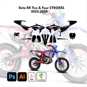 May include: A blue, red, and white Beta RR Two & Four STROKES 2023-2024 motorcycle with black decals. The image includes design software icons for Photoshop, Illustrator, PDF, and CorelDRAW.