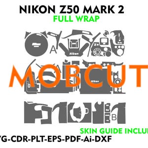 Pode incluir: Um design de envoltório de pele para câmera digital para a câmera Nikon Z50 Mark 2. O design inclui uma variedade de formas e linhas em cinza, com a palavra "MOBCUT" em letras laranja. O texto "SKIN GUIDE INCLUDE" e "SVG-CDR-PLT-EPS-PDF-Ai-DXF" também estão incluídos na imagem.