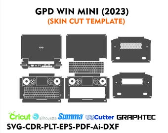 May include: A black and white skin cut template for the GPD WIN MINI (2023) handheld gaming device. The template includes cut lines for the screen, buttons, and other features of the device.
