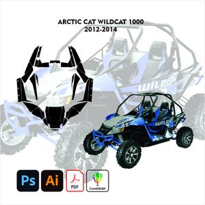 Può includere: Un UTV Arctic Cat Wildcat 1000 blu e nero, con un set di decalcomanie nere abbinate. L'immagine include il testo "ARCTIC CAT WILDCAT 1000 2012-2014". Sono presenti anche icone software per Photoshop, Illustrator, PDF e CorelDRAW.