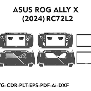 Könnte beinhalten: Eine schwarz-weiße digitale Illustration eines tragbaren Spielegeräts mit dem Text "ASUS ROG ALLY X (2024) RC72L2" darüber. Das Gerät verfügt über einen Bildschirm, Tasten und ein Steuerkreuz. Die Illustration ist für einen digitalen Download einer Haut für das Gerät.