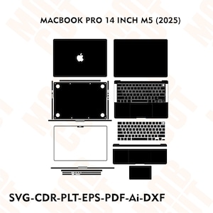 Op de afbeelding: Zwart-wit vectorafbeelding van een MacBook Pro 14 inch M5 (2025) in meerdere weergaven, waaronder bovenkant, onderkant, toetsenbord en trackpad. Het Apple-logo is zichtbaar op de bovenaanzicht. De tekst onderaan luidt "SVG-CDR-PLT-EPS-PDF-Ai-DXF".