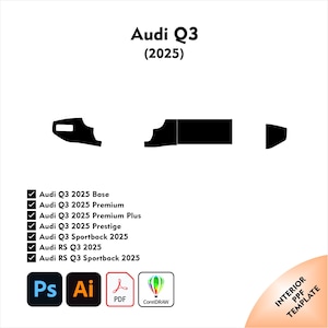 Könnte beinhalten: Schwarze Grafik von Audi Q3 (2025) Autoteilen. Enthält eine Liste kompatibler Modelle: Base, Premium, Premium Plus, Prestige, Sportback, RS Q3 und RS Q3 Sportback. Enthält auch Software-Symbole.