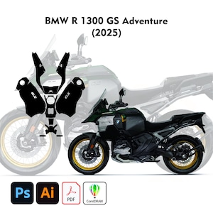 May include: Black motorcycle with gold rims and the text "BMW R 1300 GS Adventure (2025)". The image also includes a black graphic of motorcycle parts and icons for Photoshop, Illustrator, PDF, and CorelDRAW.