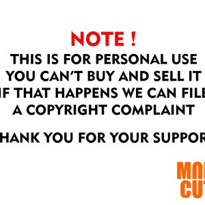 Op de afbeelding: Witte achtergrond met rode en zwarte tekst die luidt: "OPMERKING! DIT IS VOOR PERSOONLIJK GEBRUIK U KUNT HET NIET KOPEN EN VERKOPEN ALS DAT GEBEURT KUNNEN WE EEN COPYRIGHTKLACHT INDIENEN DANK U VOOR UW STEUN" met een oranje logo.