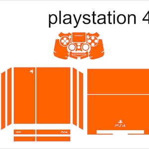 May include: Orange vinyl skin decal set for a Playstation 4 console and controller. The set includes a full console skin, two side panels, and a controller skin. The design features the Playstation logo and the text "PS4".