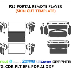 May include: A black and white digital template for a PS5 Portal Remote Player skin. The template includes cut lines for the screen, buttons, and other features of the device. The template is compatible with Cricut, Silhouette, Summa, US Cutter, and Graphtec cutting machines.