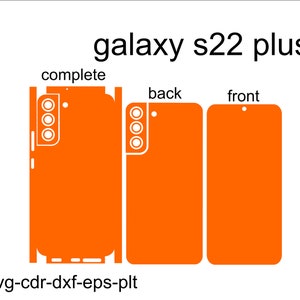 Può includere: Un modello digitale per una skin per telefono Galaxy S22 Plus. Il modello include una skin completa, una skin posteriore e una skin anteriore. Il modello è arancione.