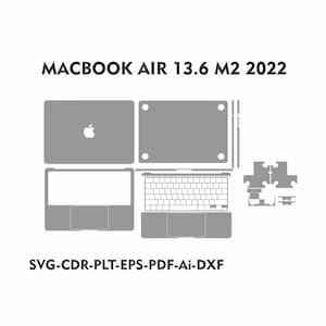 以下が含まれることがあります： グレーとホワイトのMacbook Air 13.6 M2 2022のラップトップスキンテンプレート。テンプレートには、上部、下部、キーボード、トラックパッドのスキンのデザインが含まれています。テンプレートは、SVG、CDR、PLT、EPS、PDF、Ai、DXF形式で入手できます。