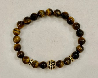 Tiger eye bracelet, charm microscope beads bracelet natural 8mm tiger eye, unisex bracelet