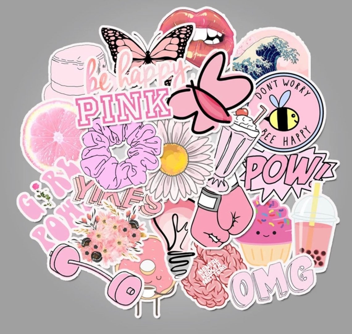 50 Pieces VSCO Pink Stickers Vinyl Waterproof PVC Cartoon Stickers